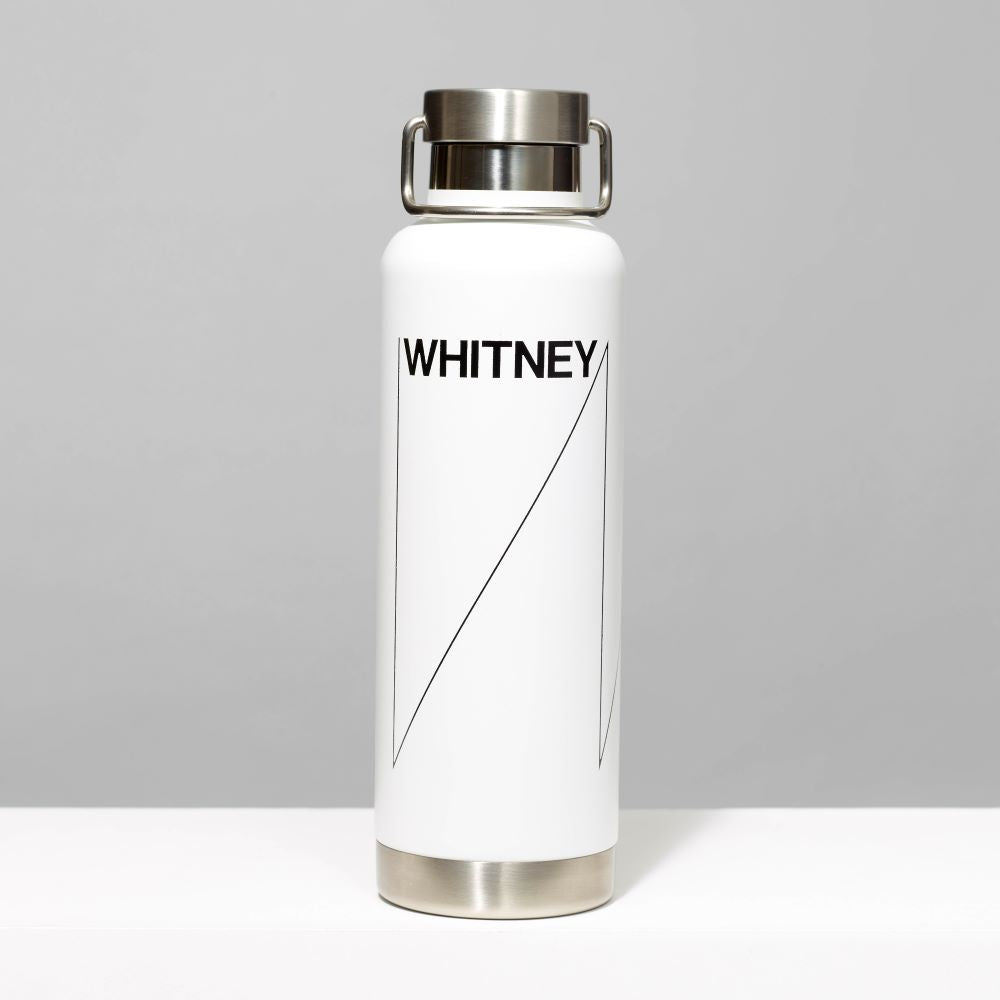 White Stainless Steel Whitney insulated travel bottle with Whitney logo. Holds 24 oz. hot or cold liquids. Measures 10" x 3"