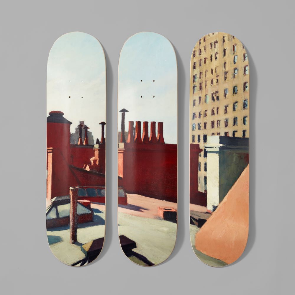 Set of three Maple wood skate decks featuring Edward Hopper's City Roofs. Each measures 31" x 8" x .5"