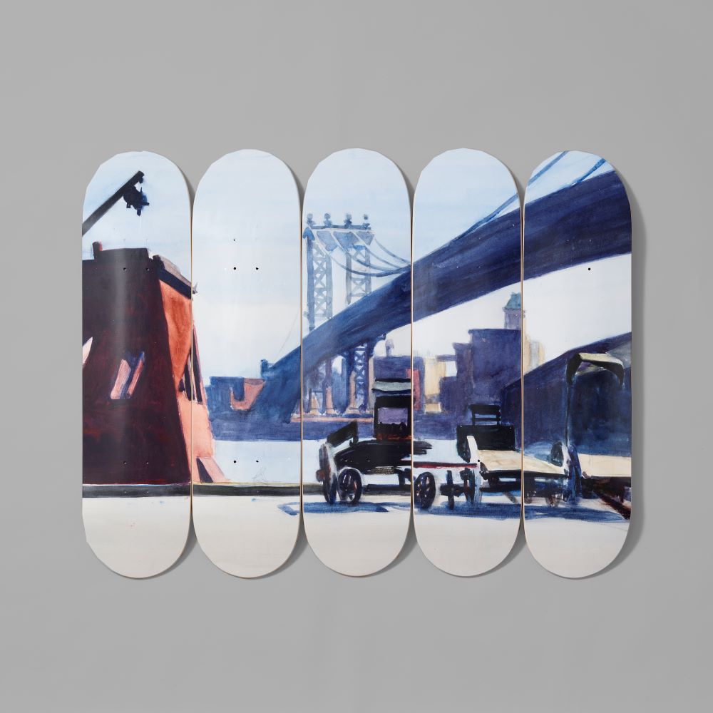 Set of five Maple wood skate decks featuring Edward Hopper's Manhattan Bridge. Each measures 31" x 8" x .5"