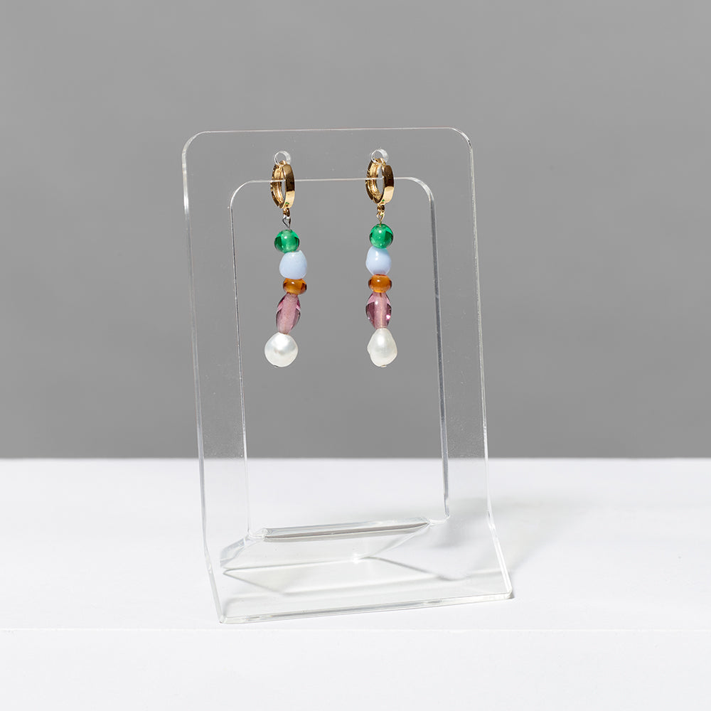 Summer BB 01 earrings made with lamp work glass beads, freshwater pearls, gold vermeil, cubic zirconia.
