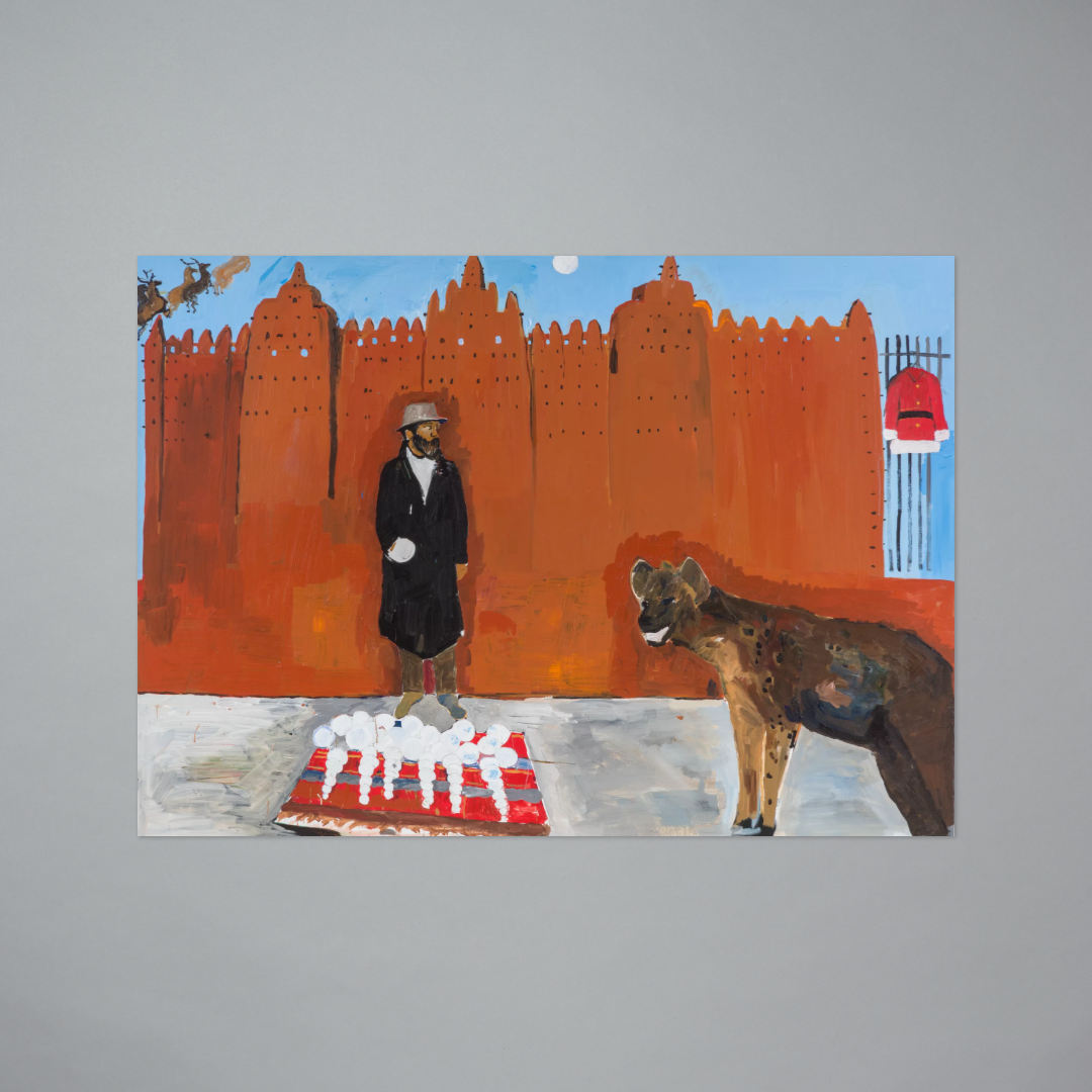 Postcard featuring Hammons meets a hyena on holiday by Henry Taylor