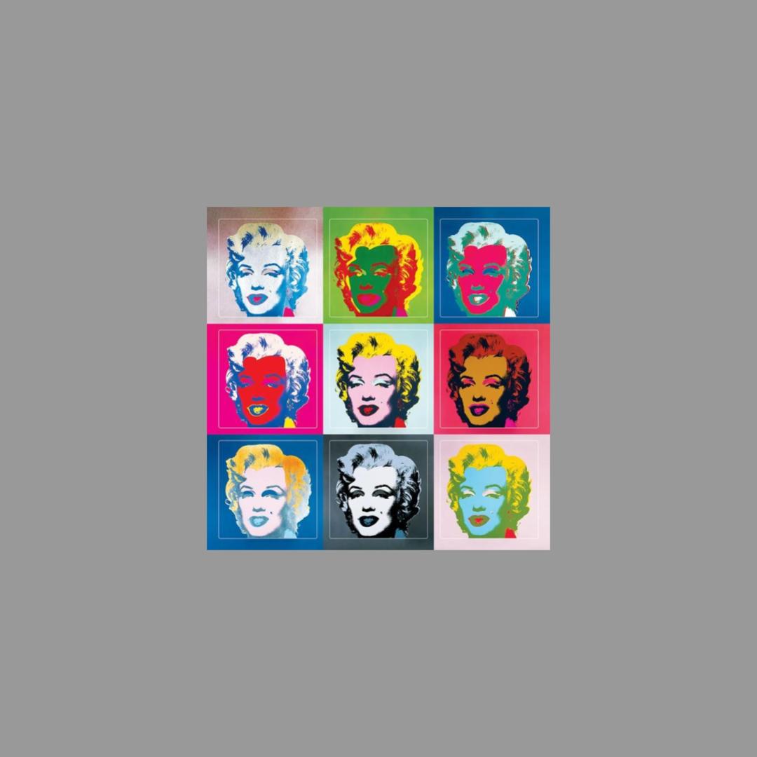Nine colorful stickers of Marilyn Monroe arranged in a 3x3 grid on a gray background.