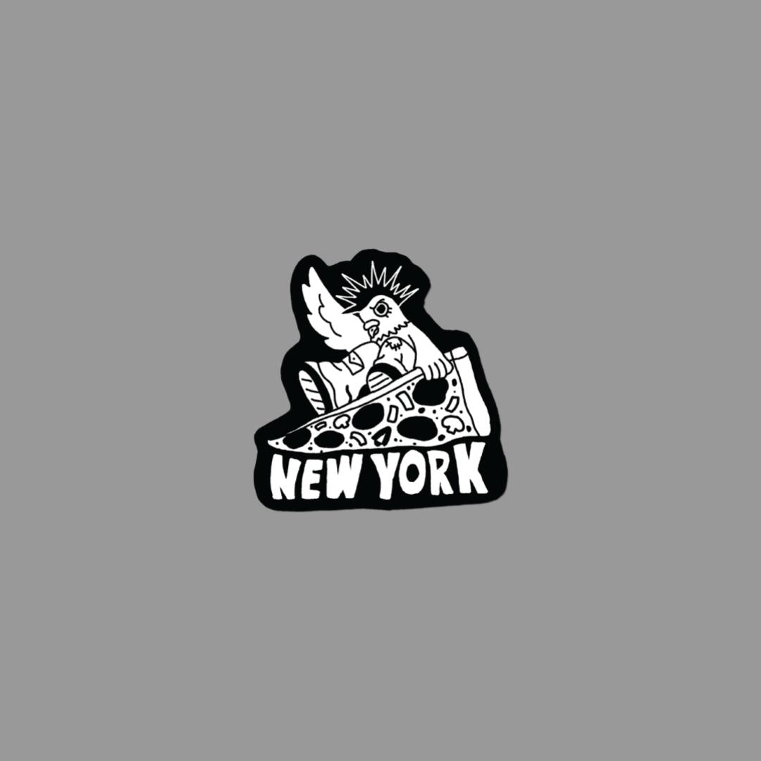 Black and white sticker featuring a pigeon with a pizza slice and 'New York' in white text on a gray background
