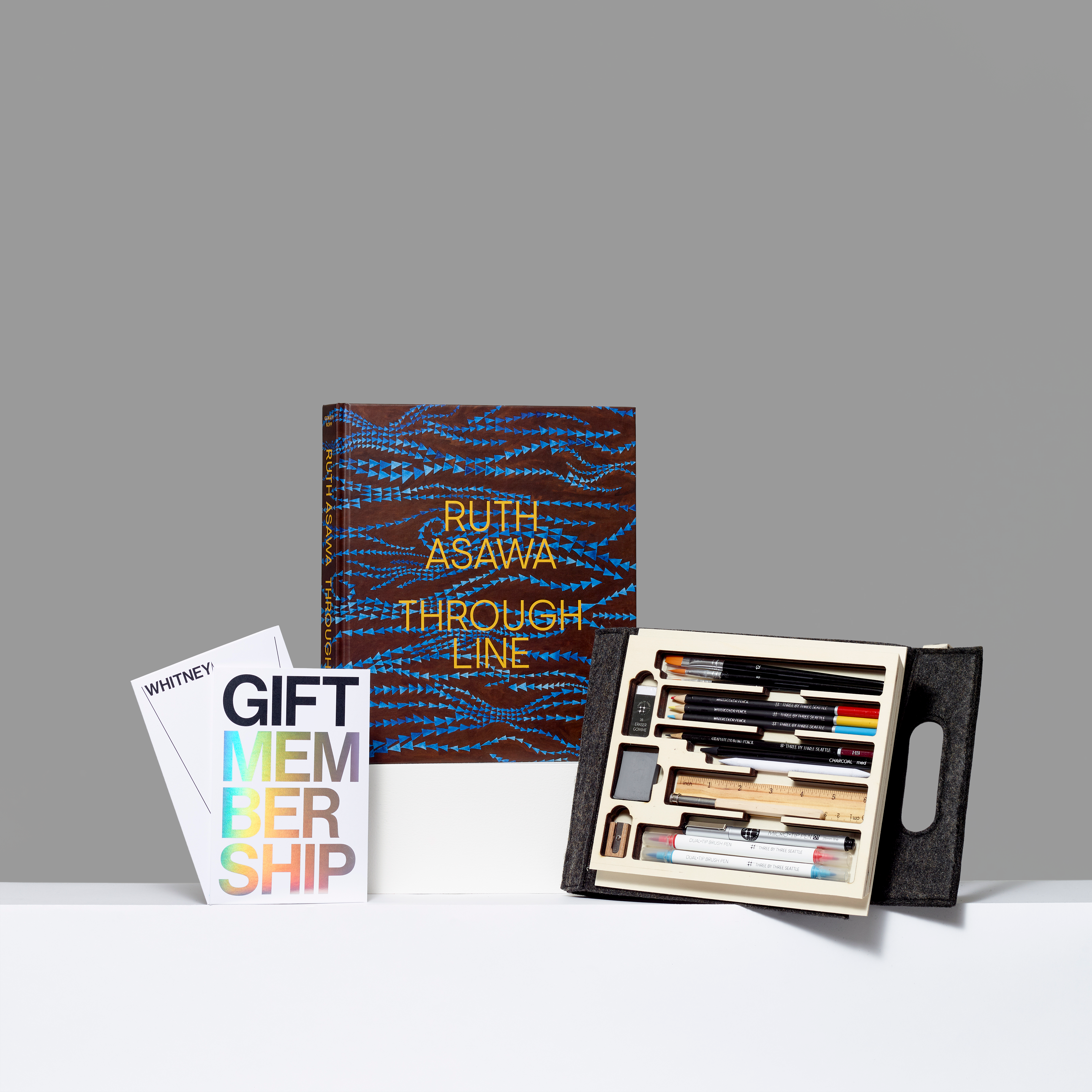 Holiday bundle featuring Gift Membership, Ruth Asawa Through Line Exhibition Catalogue, jotblock portable studio essentials