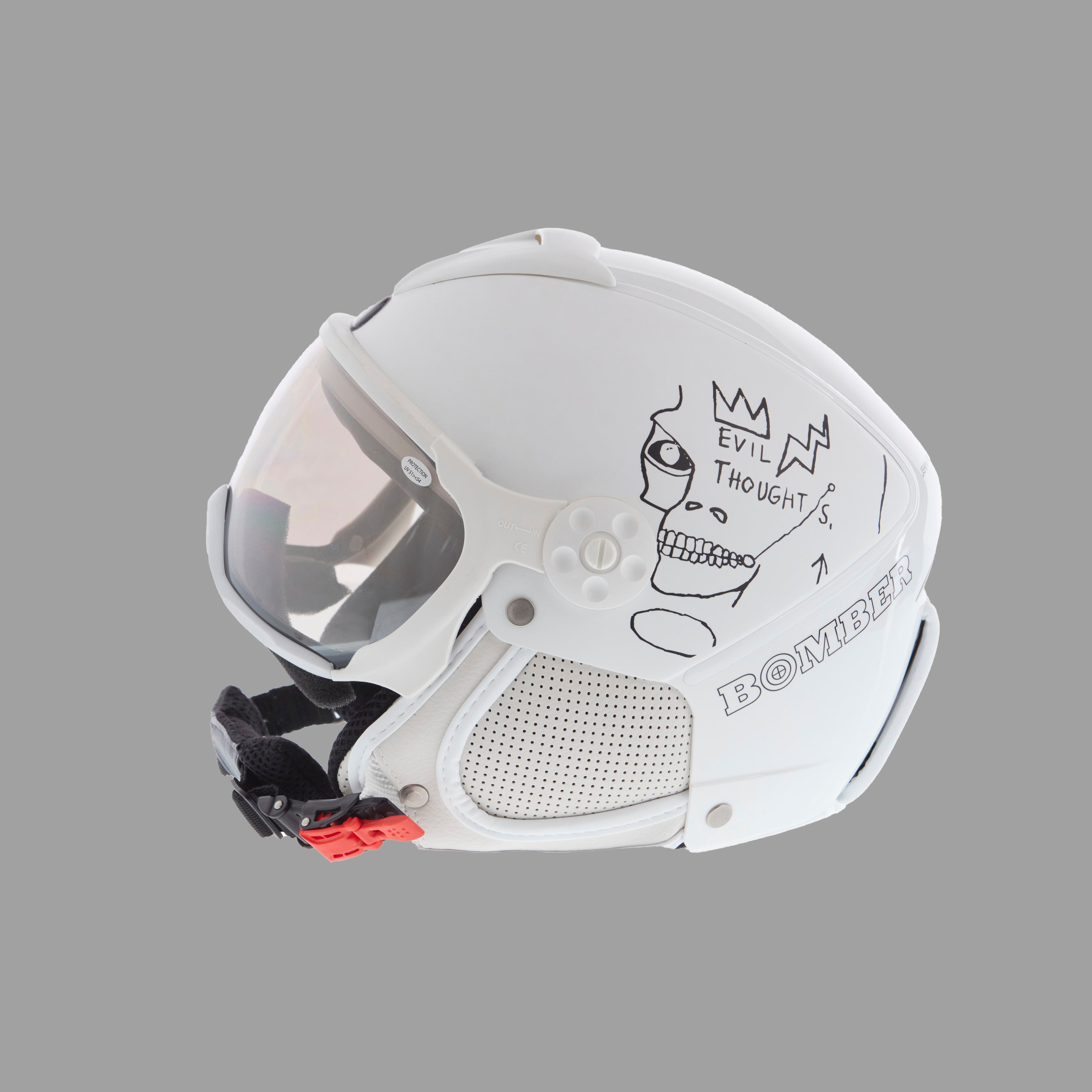 Left side view of Basquiat Evil Thoughts White Helmet in white