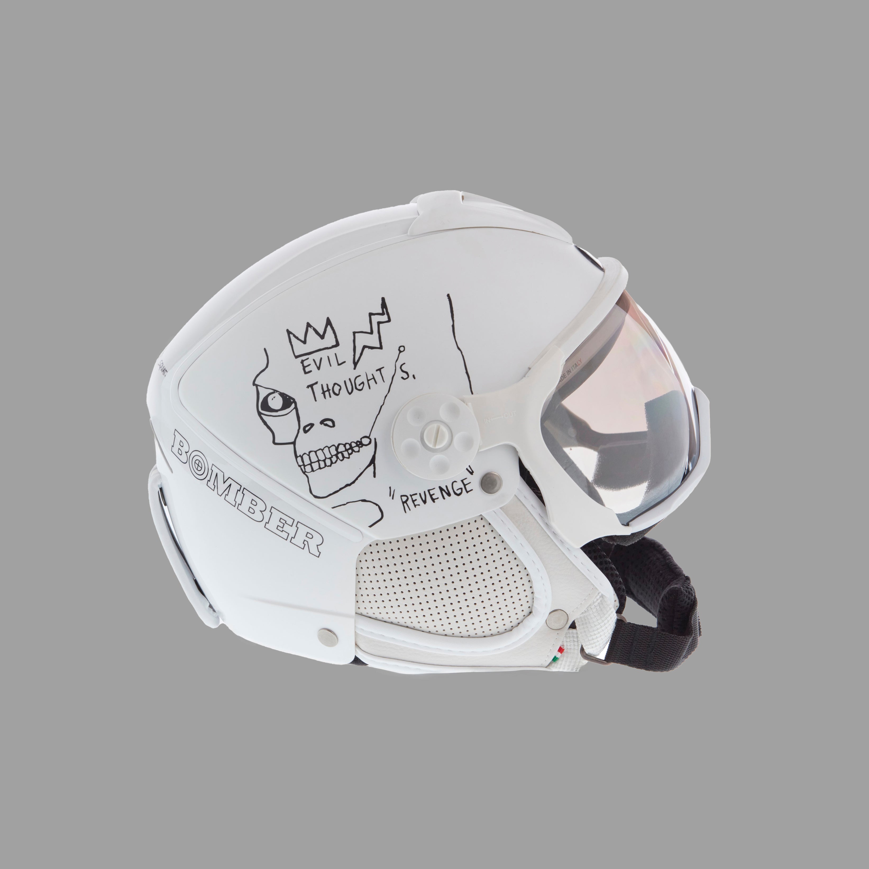 Right side view of Basquiat Evil Thoughts White Helmet in white