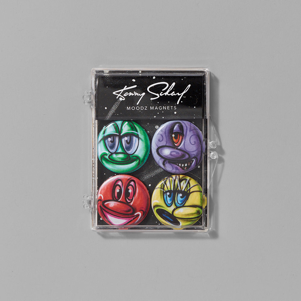 Set of four Kenny Scharf MOODZ Magnets in plastic box.