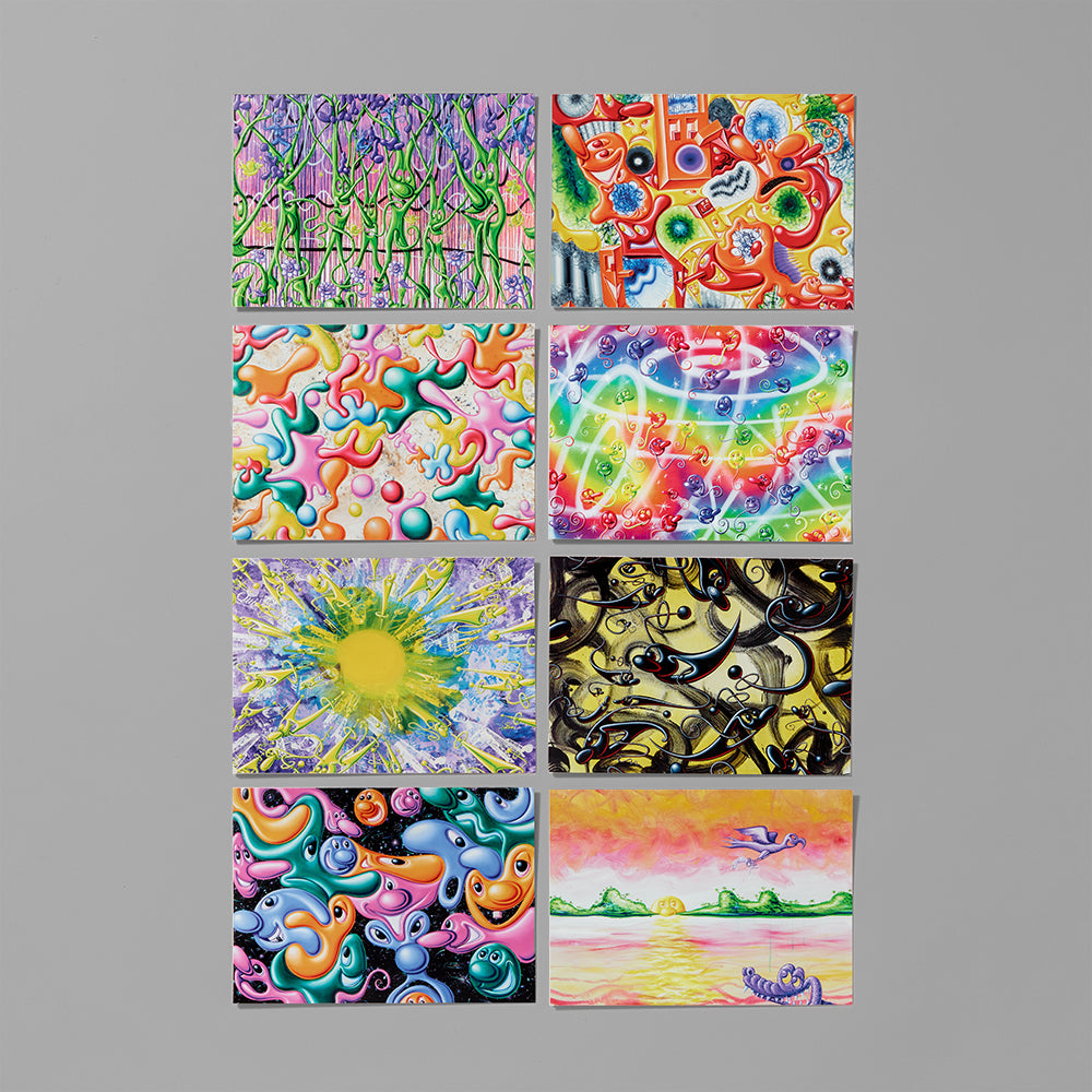 Set of eight notecards featuring Kenny Scharf's paintings. Each card measures 5" x 7"