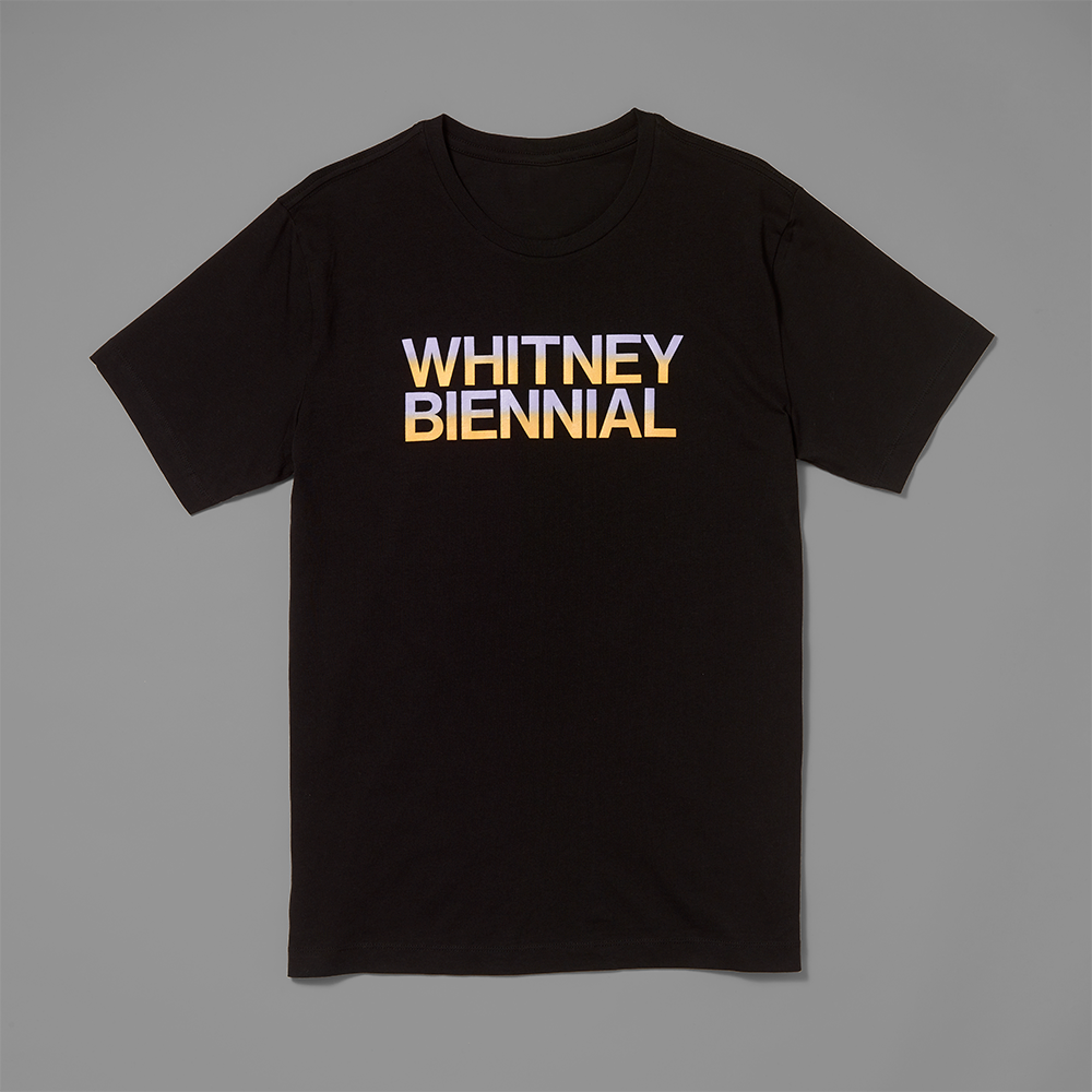 100% cotton black t-shirt with Whitney Biennial screen printed in purple and orange gradient colors