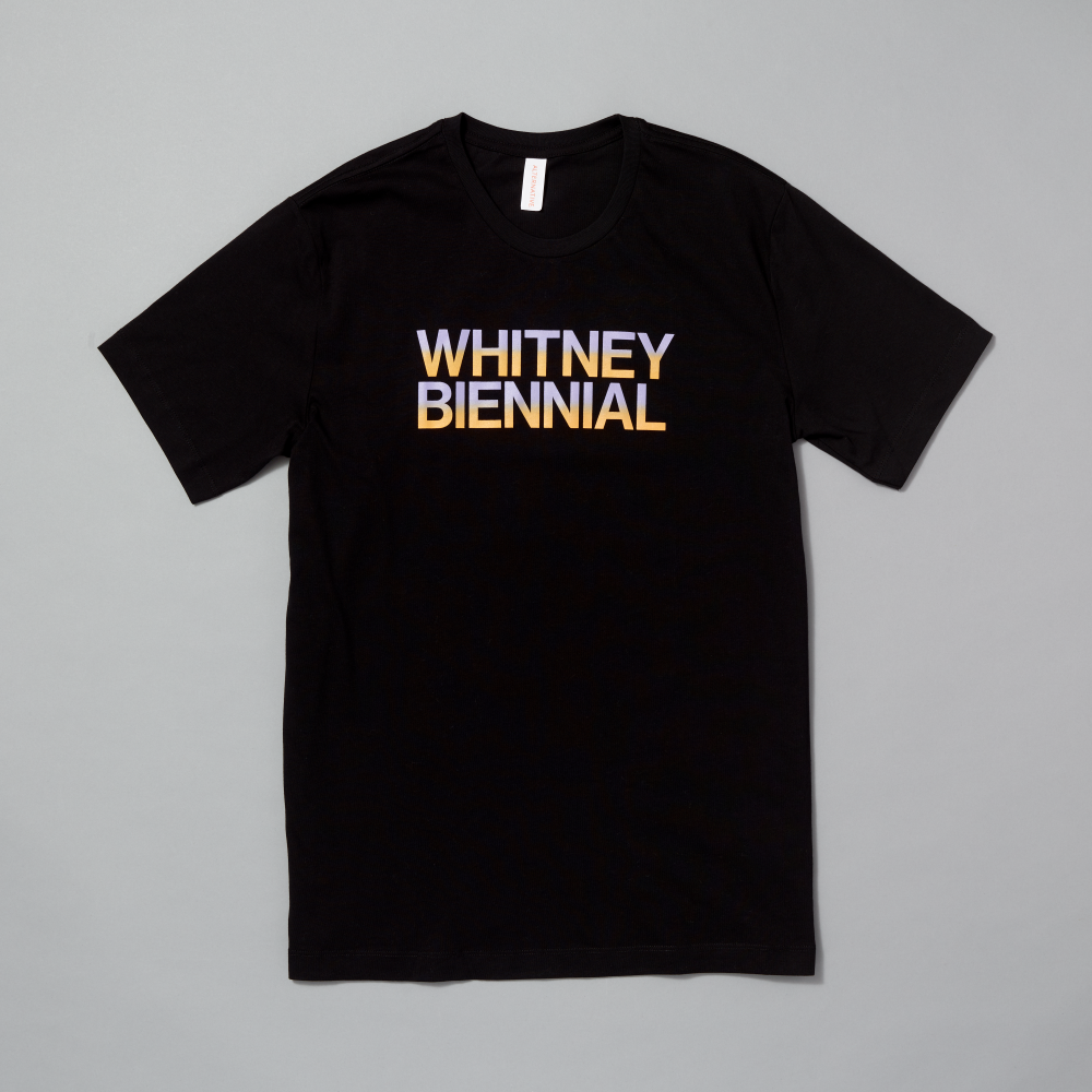 100% cotton black t-shirt with Whitney Biennial screen printed in purple and orange gradient colors