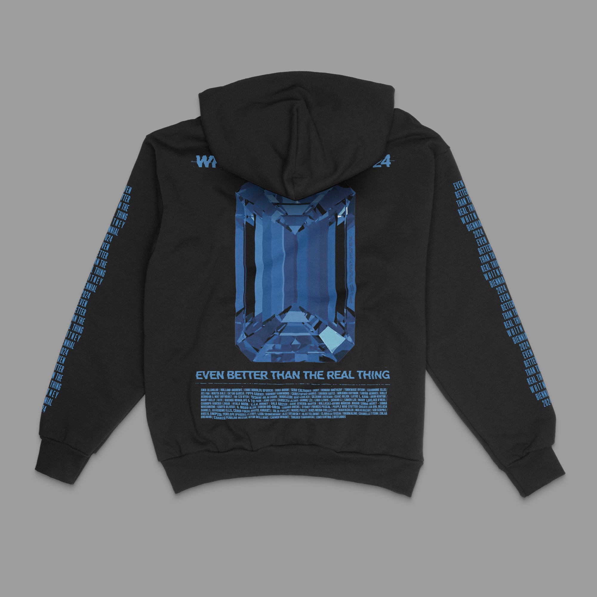 100% cotton black heavyweight fleece hoodie featuring blue graphics and text on the Whitney Biennial 2024: Even Better Than The Real Thing