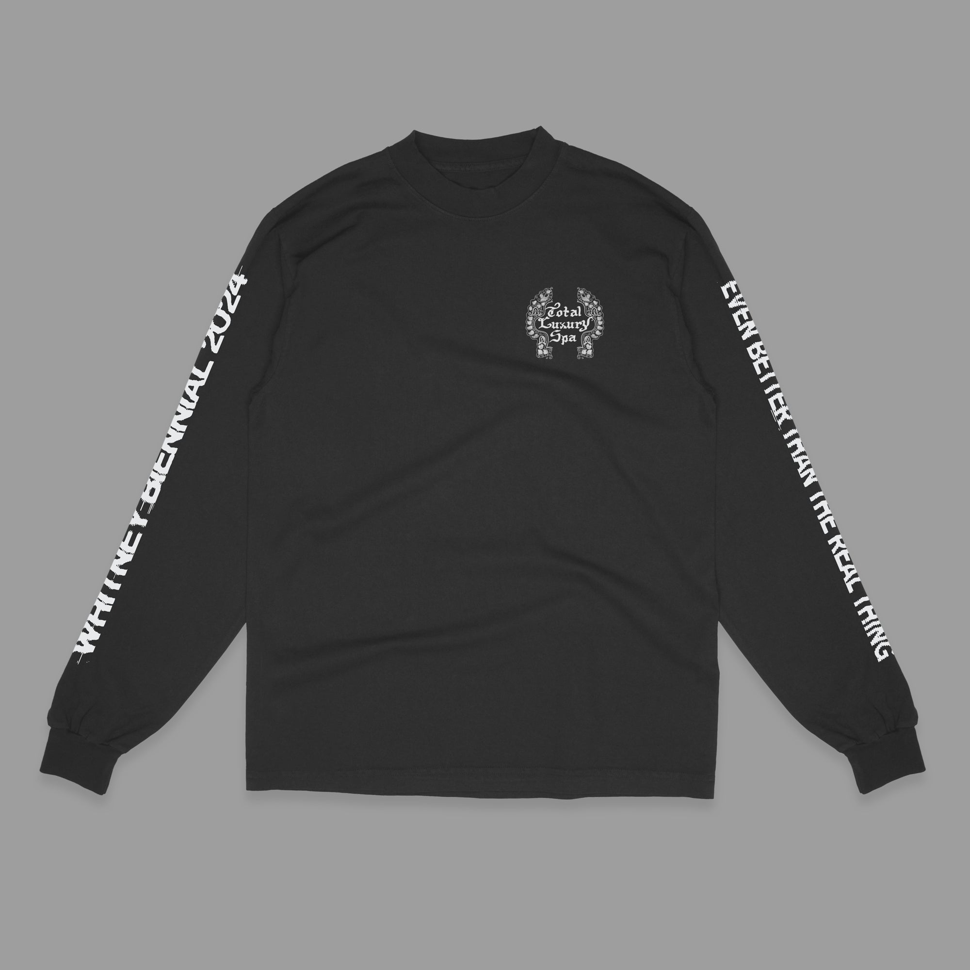 100% cotton black long sleeve t-shirt featuring white text and graphics on the Whitney Biennial 2024: Even Better Than The Real Thing