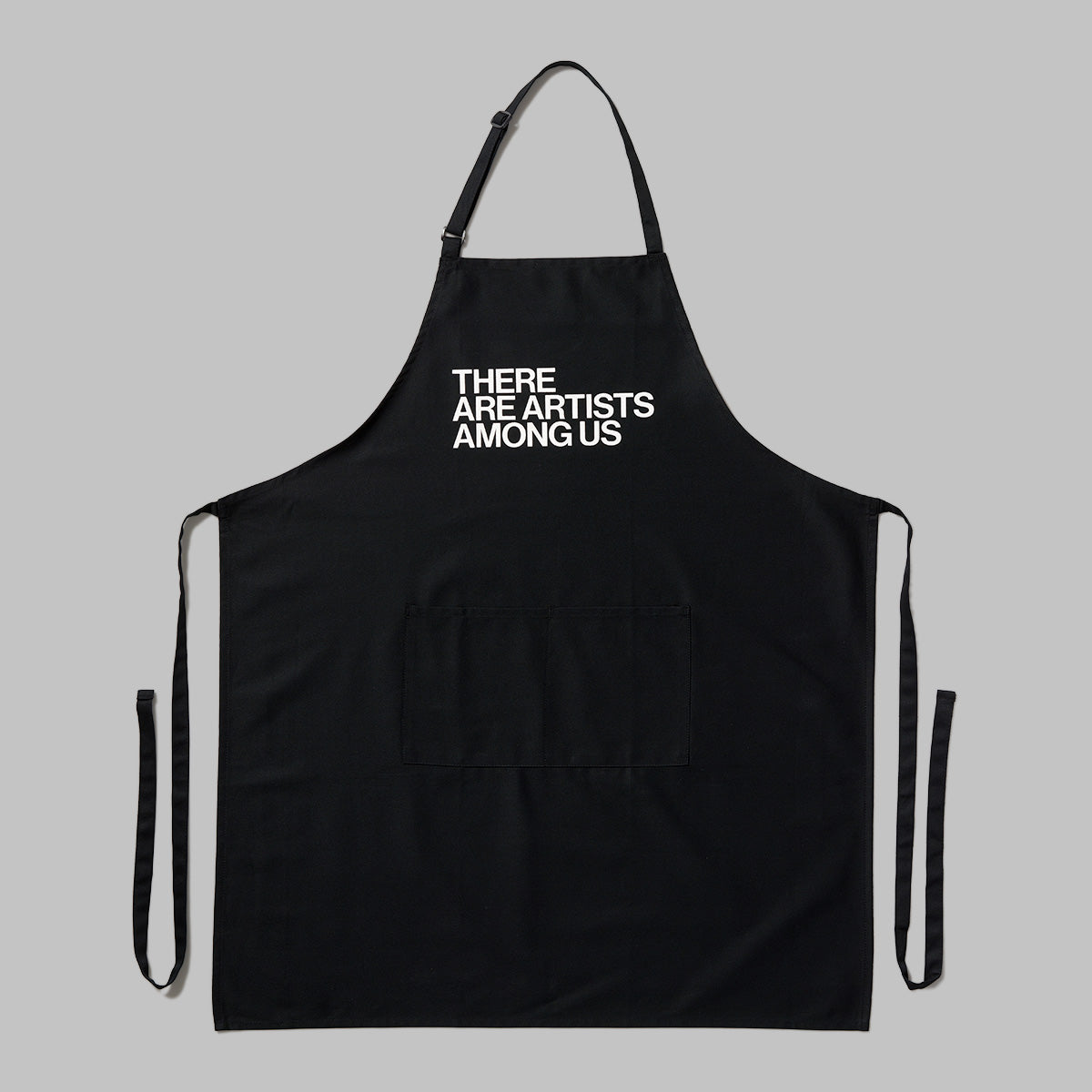 100% cotton black apron with There Are Artists Among Us screen printed in white text