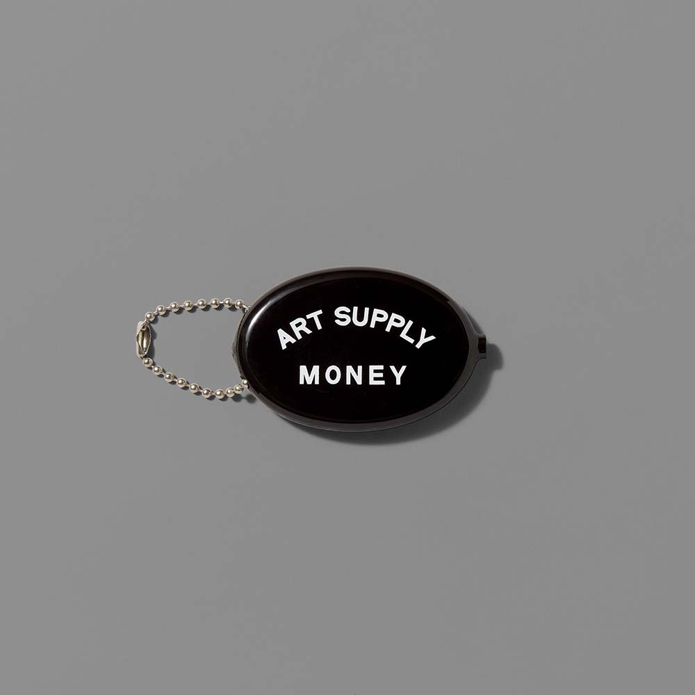 Vinyl black coin pouch featuring Art Supply Money in white text. Measures 3" x 2"