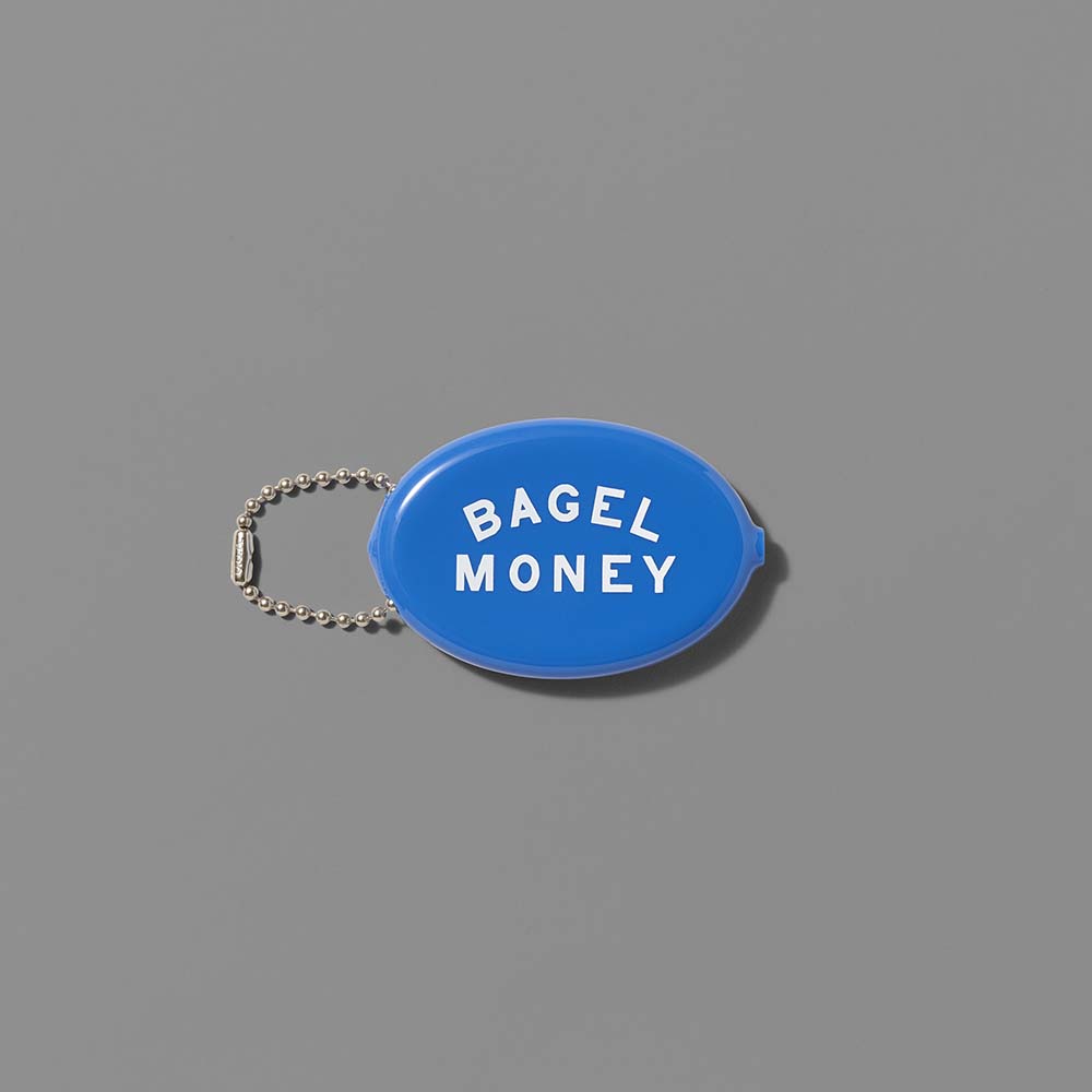 Vinyl blue coin pouch featuring Bagel Money in white text. Measures 3" x 2"