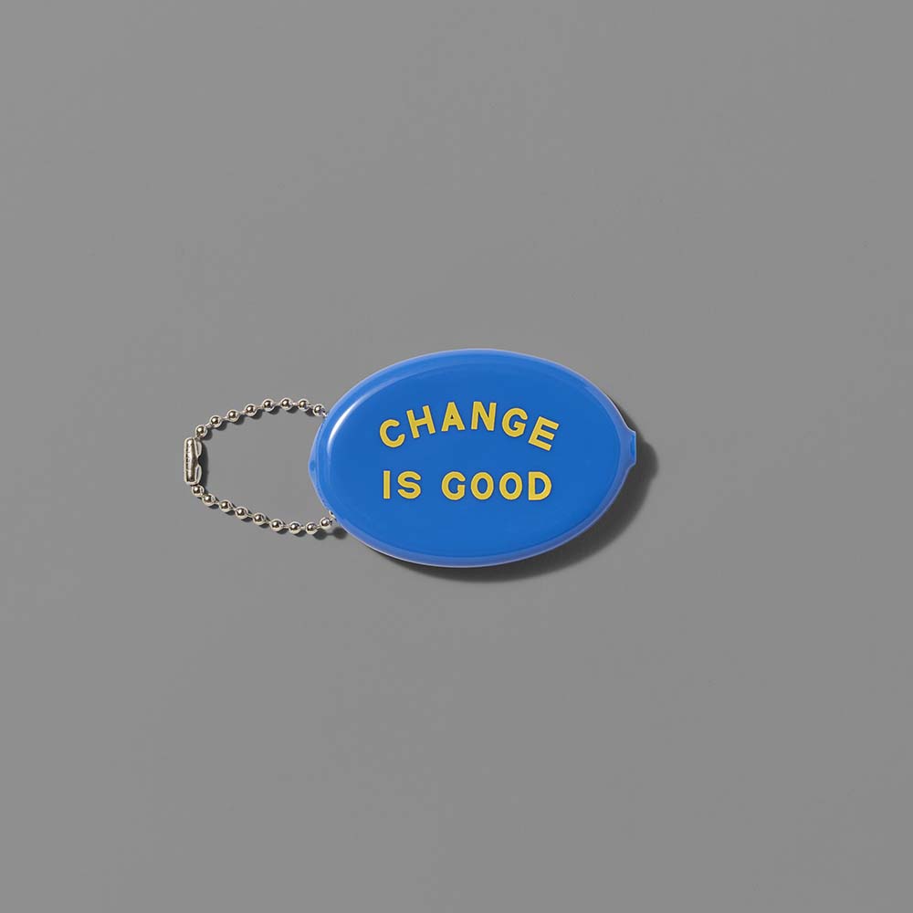 Vinyl blue coin pouch featuring Change Is Good in yellow text. Measures 3" x 2"