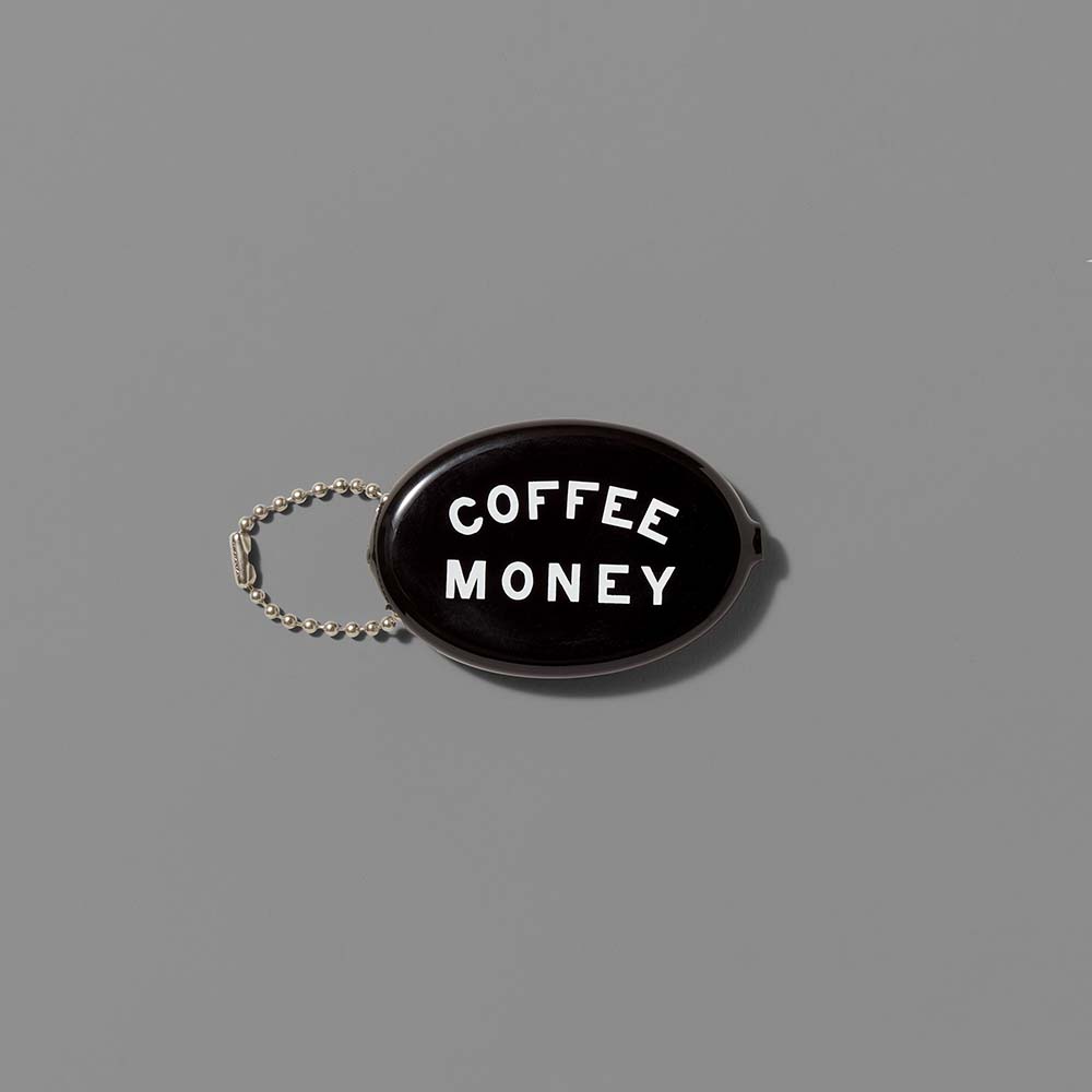 Vinyl black coin pouch featuring Coffee Money in white text. Measures 3" x 2"