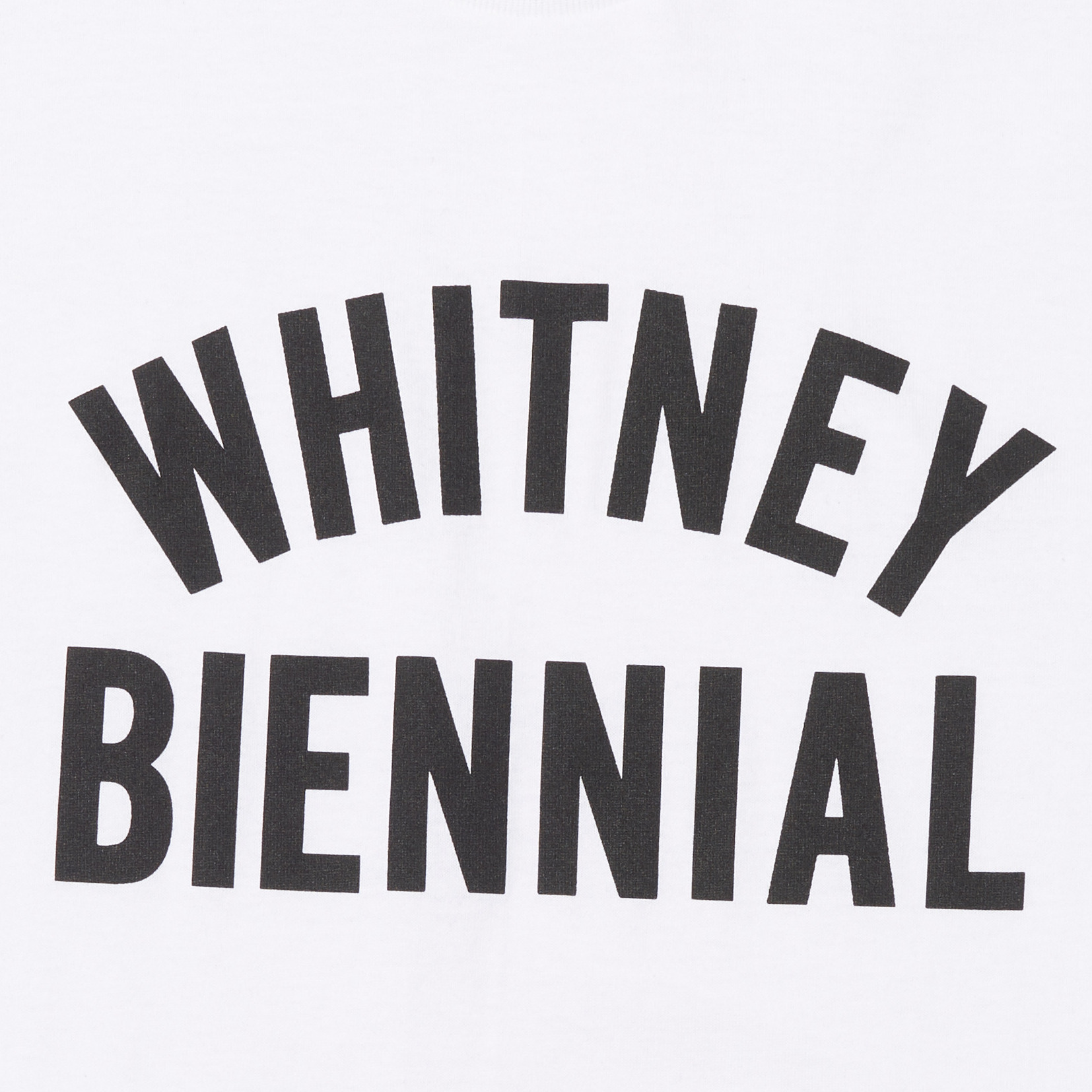 White t-shirt with 'WHITNEY BIENNIAL' text on a gray background