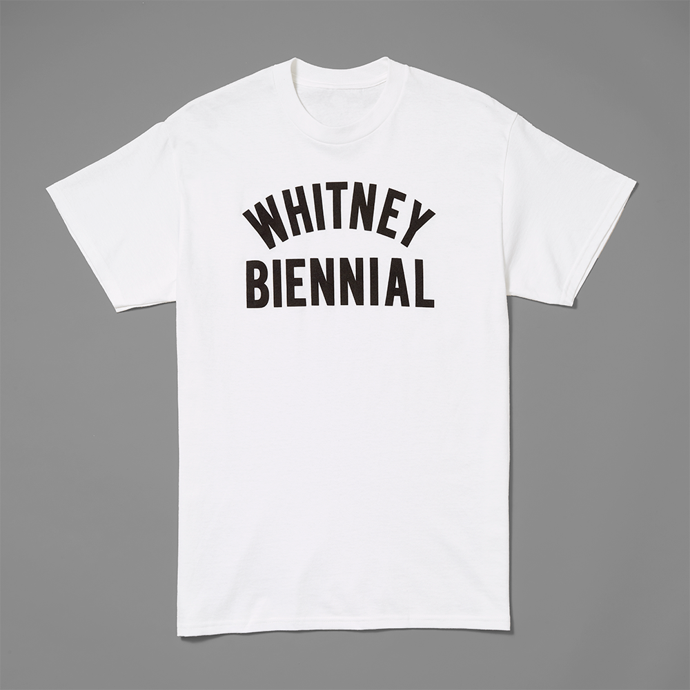 100% cotton white t-shirt with Whitney Biennial in black text