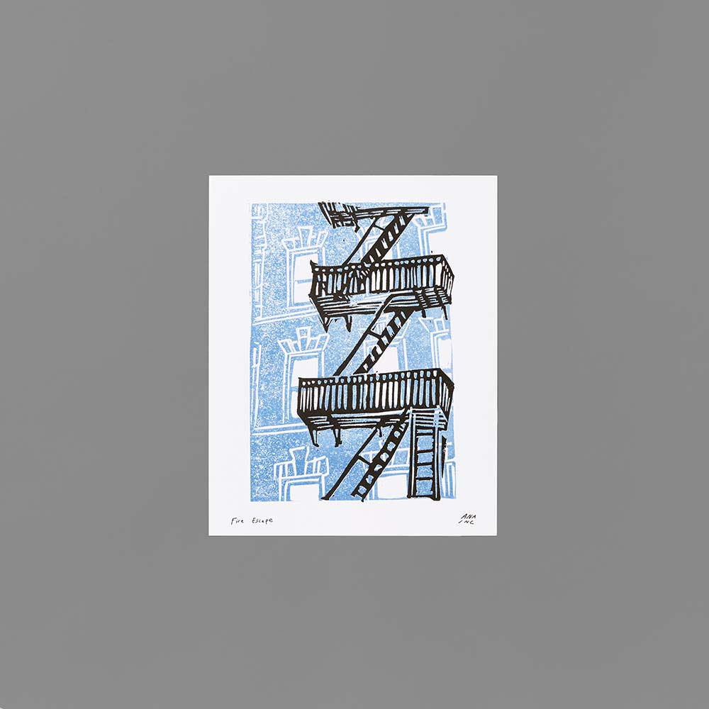 Risograph print by Ana Inciardi featuring a fire escape. Measures 8" x 10".