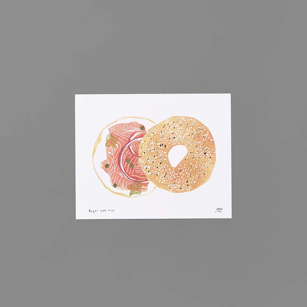 Risograph print by Ana Inciardi featuring a bagel with lox. Measures 8" x 10"