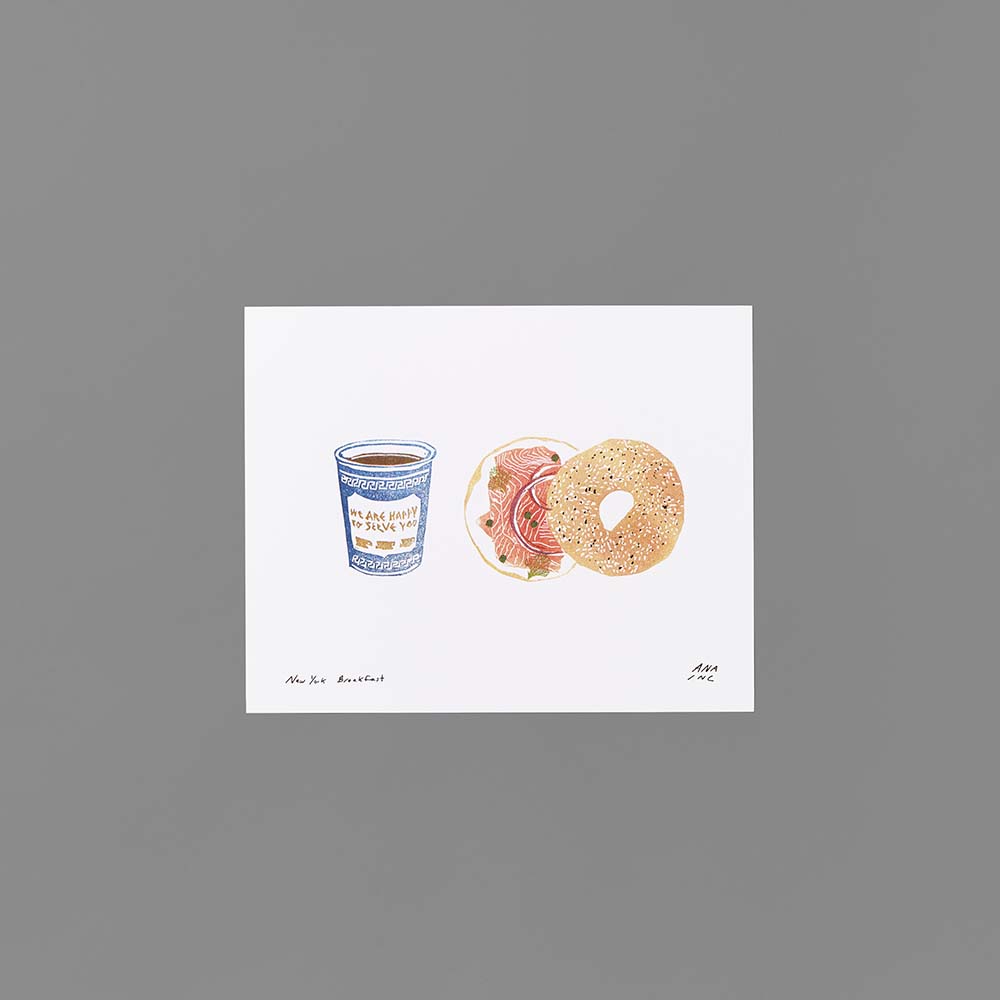 Risograph print by Ana Inciardi featuring a coffee cup and a bagel with lox. Measures 8" x 10"