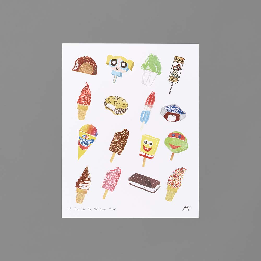 Risograph print by Ana Inciardi featuring various ice creams. Measures 11" x 14".