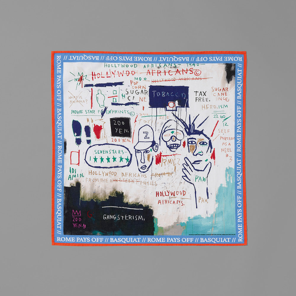 100% cotton, lightweight voile bandana featuring Basquiat's Hollywood Africans. Measures 19.5" x 19.5"