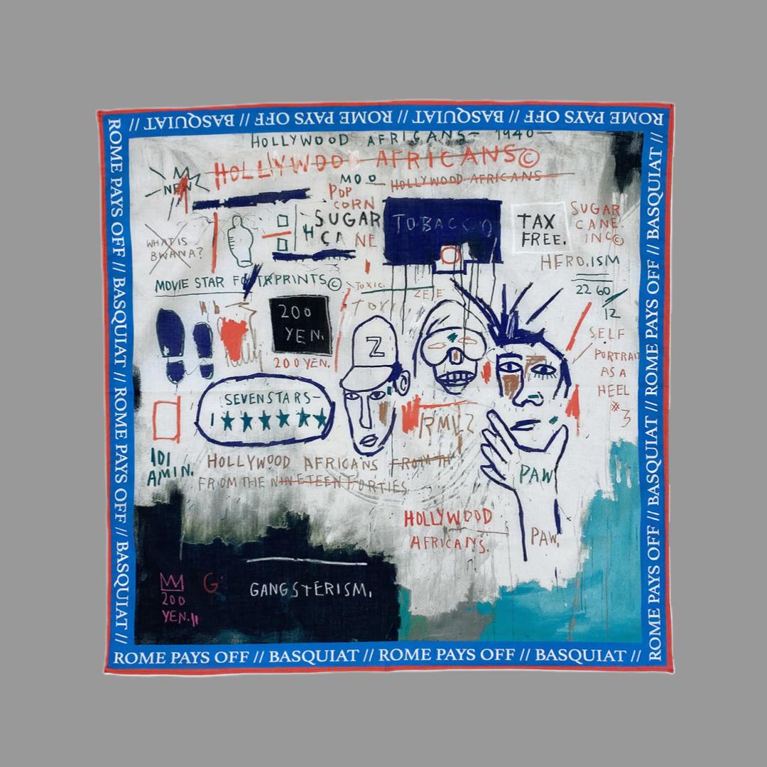 100% cotton, lightweight voile bandana featuring Basquiat's Hollywood Africans. Measures 19.5" x 19.5"