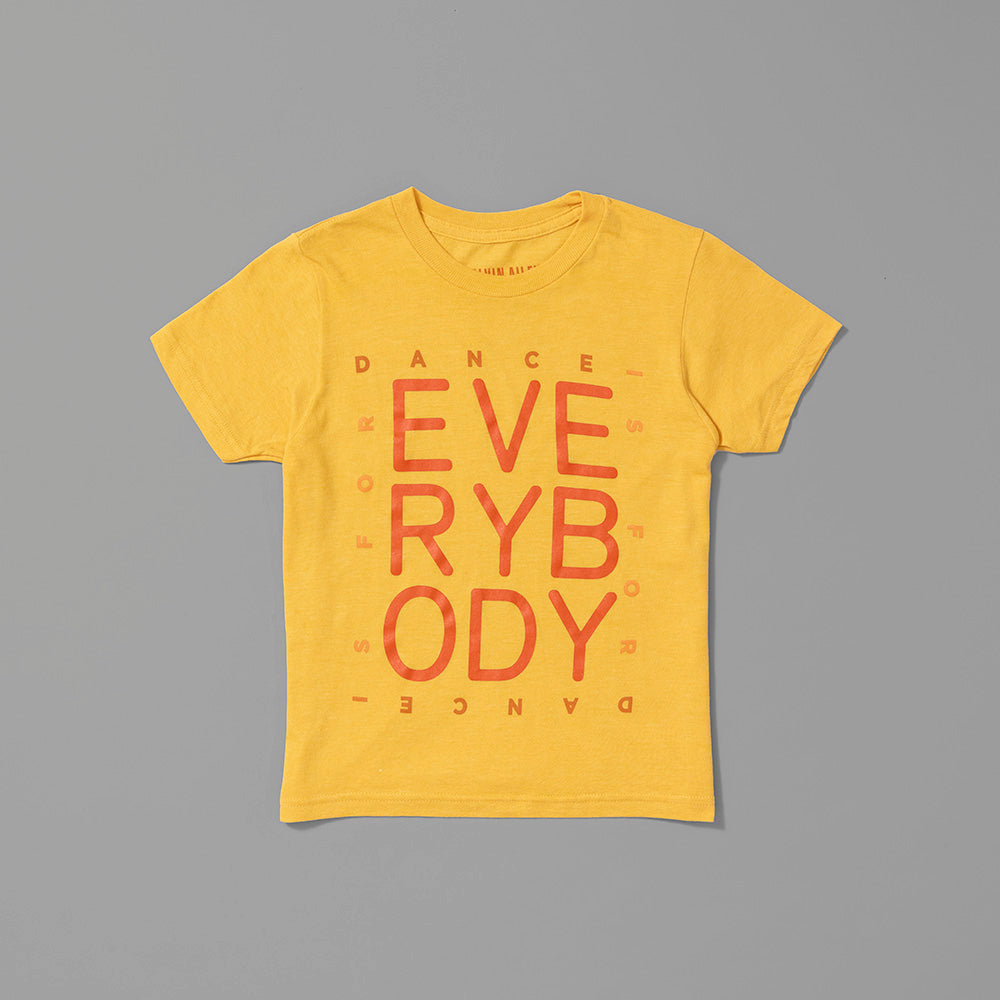 100% preshrunk cotton yellow t-shirt featuring "Dance is for everybody" in orange text