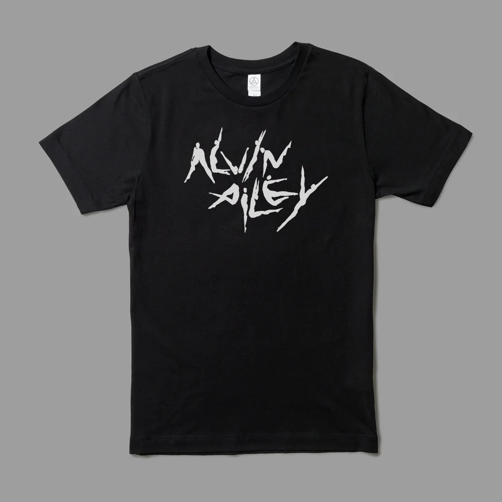 Black 100% cotton t-shirt featuring Alvin Ailey in dancer poses in white text