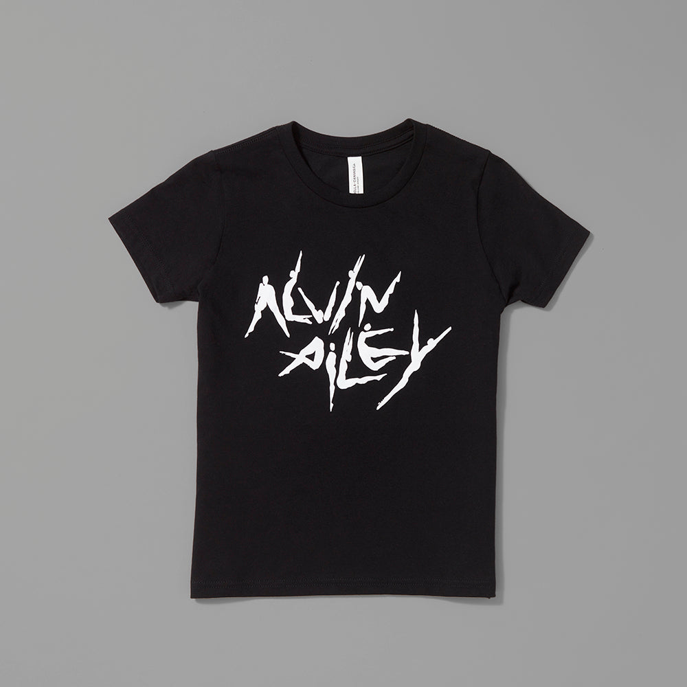 100% cotton black kids t-shirt with Alvin Ailey dancer logo on the front in white text