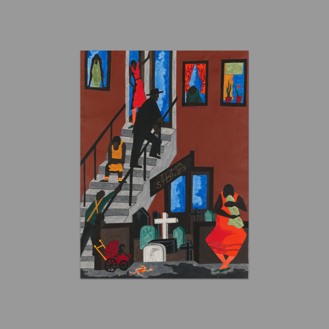 Postcard featuring Jacob Lawrence's Tombstones