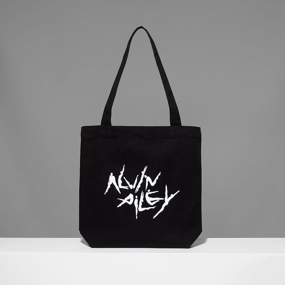 100% cotton black tote with the Alvin Ailey dancer logo in white