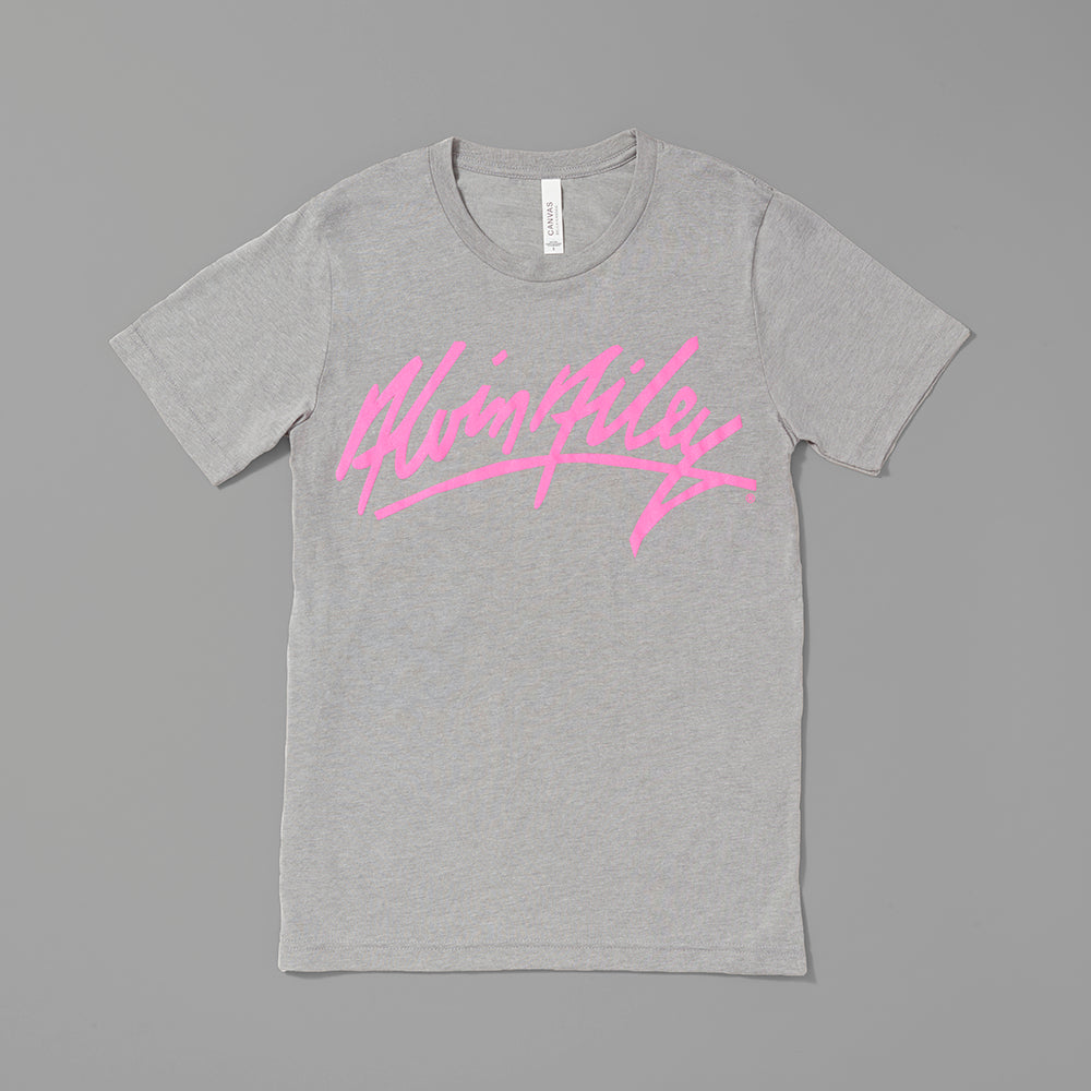 50% polyester. 25% cotton. 25% rayon gray t-shirt with the Alvin Ailey signature in hot pink