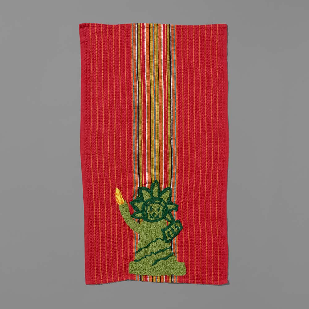 Red Acrylic yarn, Monofilament, and Thread kitchen towel featuring the Statue of Liberty