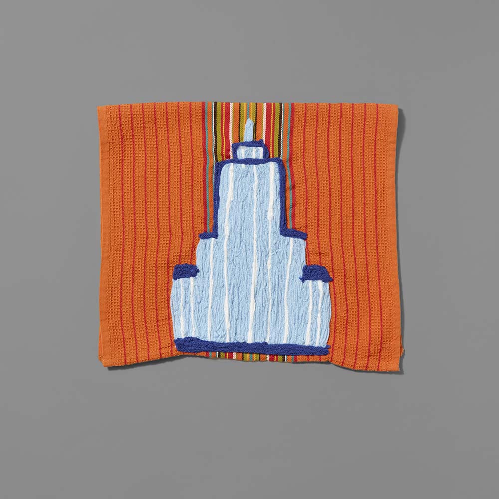 Orange Acrylic yarn, Monofilament, and Thread kitchen towel featuring the Empire State Building