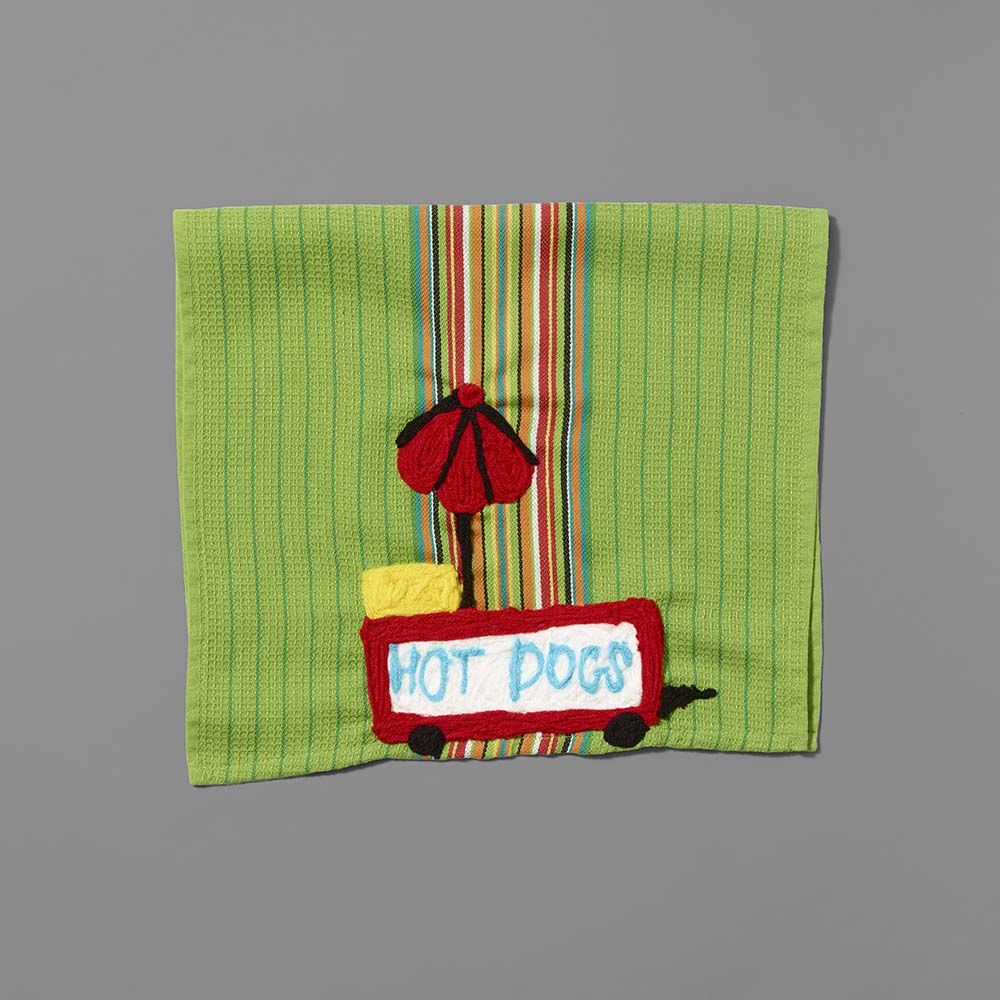 Green Acrylic yarn, Monofilament, and Thread kitchen towel featuring a hot dog cart