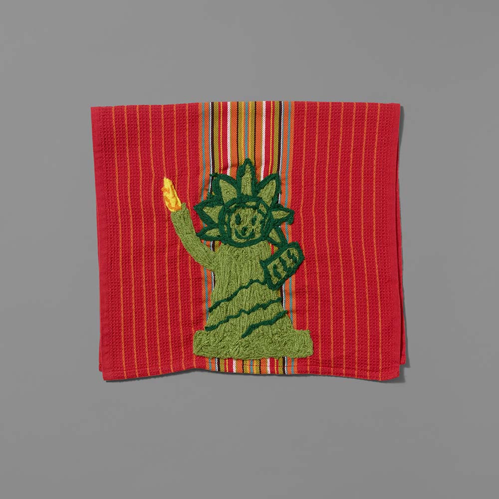 Red Acrylic yarn, Monofilament, and Thread kitchen towel featuring the Statue of Liberty