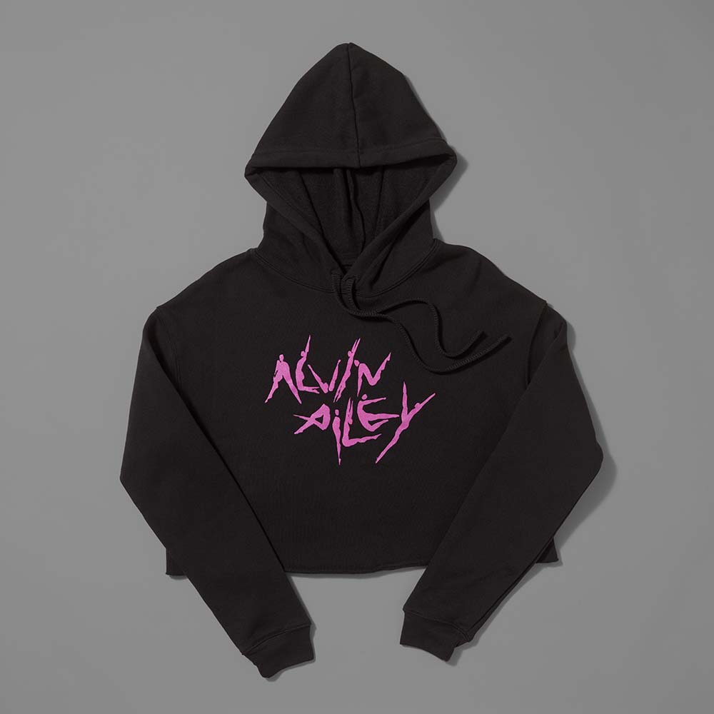 52% cotton, 48% polyester black cropped hoodie with Alvin Ailey in hot pink text