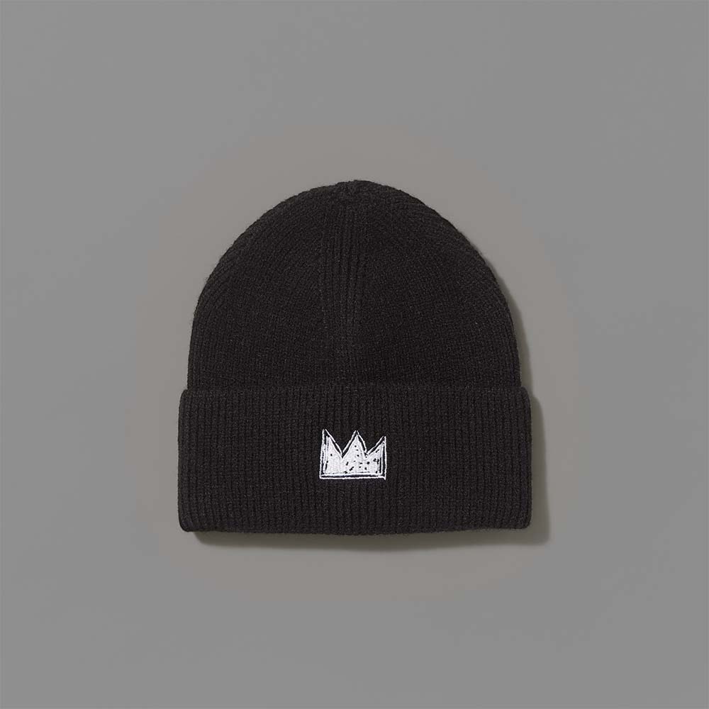 100% acrylic black beanie featuring Basquiat's signature crown in white embroidery