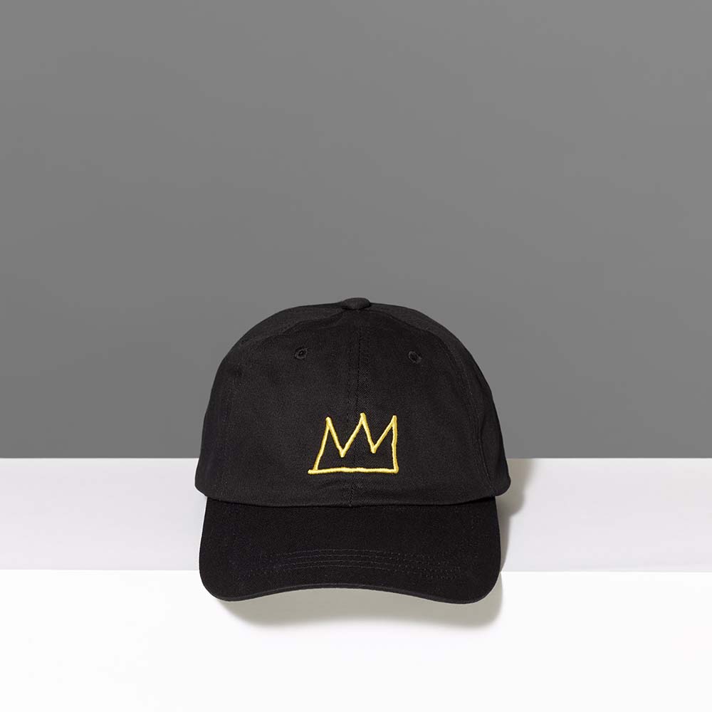 100% cotton twill black baseball cap featuring Basquiat's gold crown embroidered in yellow