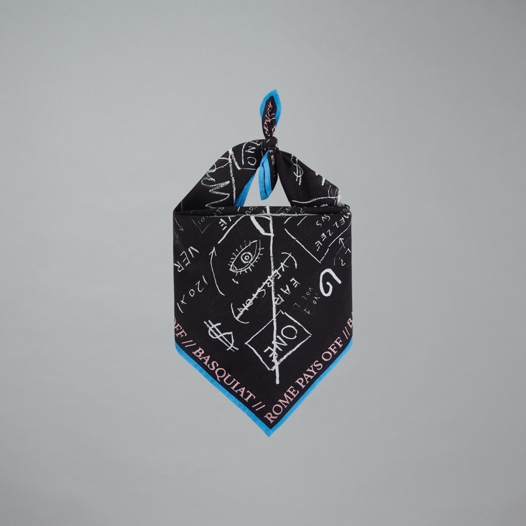 Black bandana featuring illustrations from Jean-Michel Basquiat
