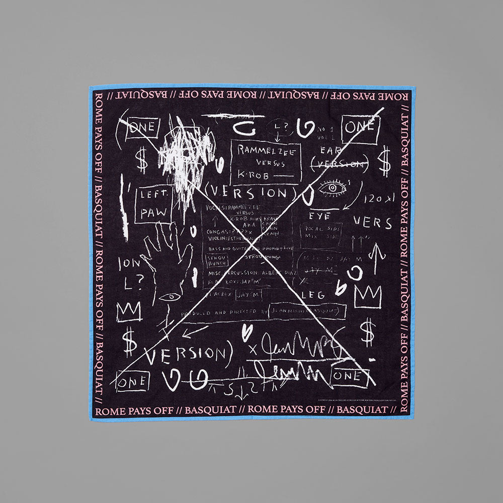 100% cotton, lightweight voile bandana featuring Beat Bop by Jean-Michel Basquiat. Measures 19.5" x 19.5"