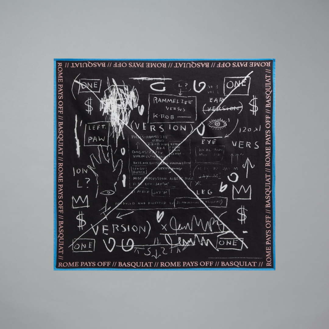 Black bandana featuring illustrations from Jean-Michel Basquiat