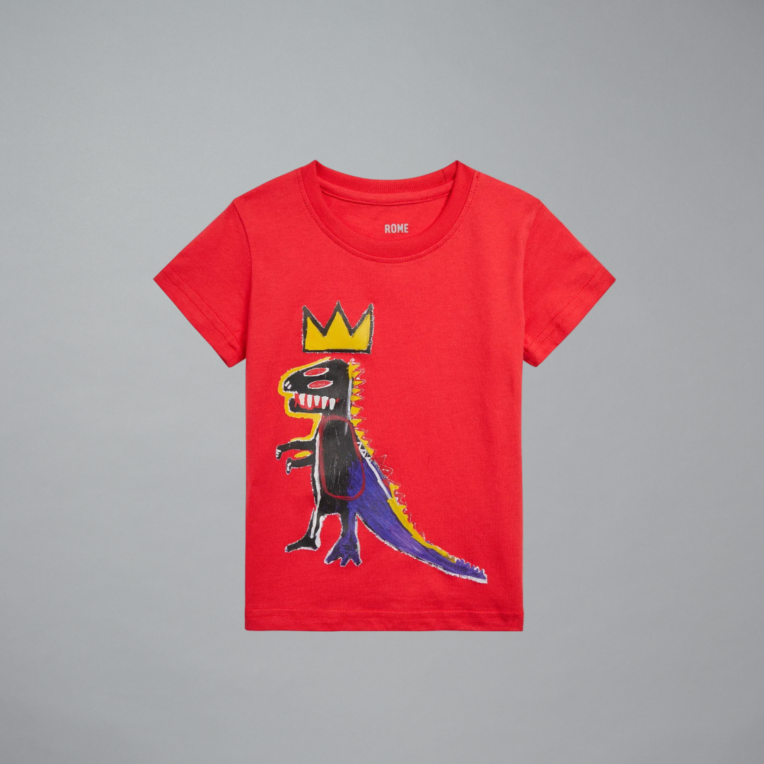 Red t-shirt with a colorful graphic design on a gray background