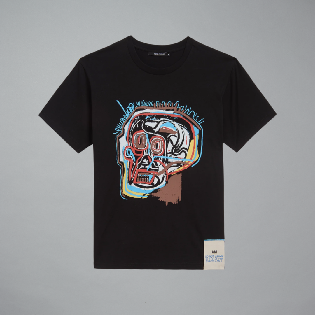 Black t-shirt featuring Untitled (Skull) by Jean-Michel Basquiat