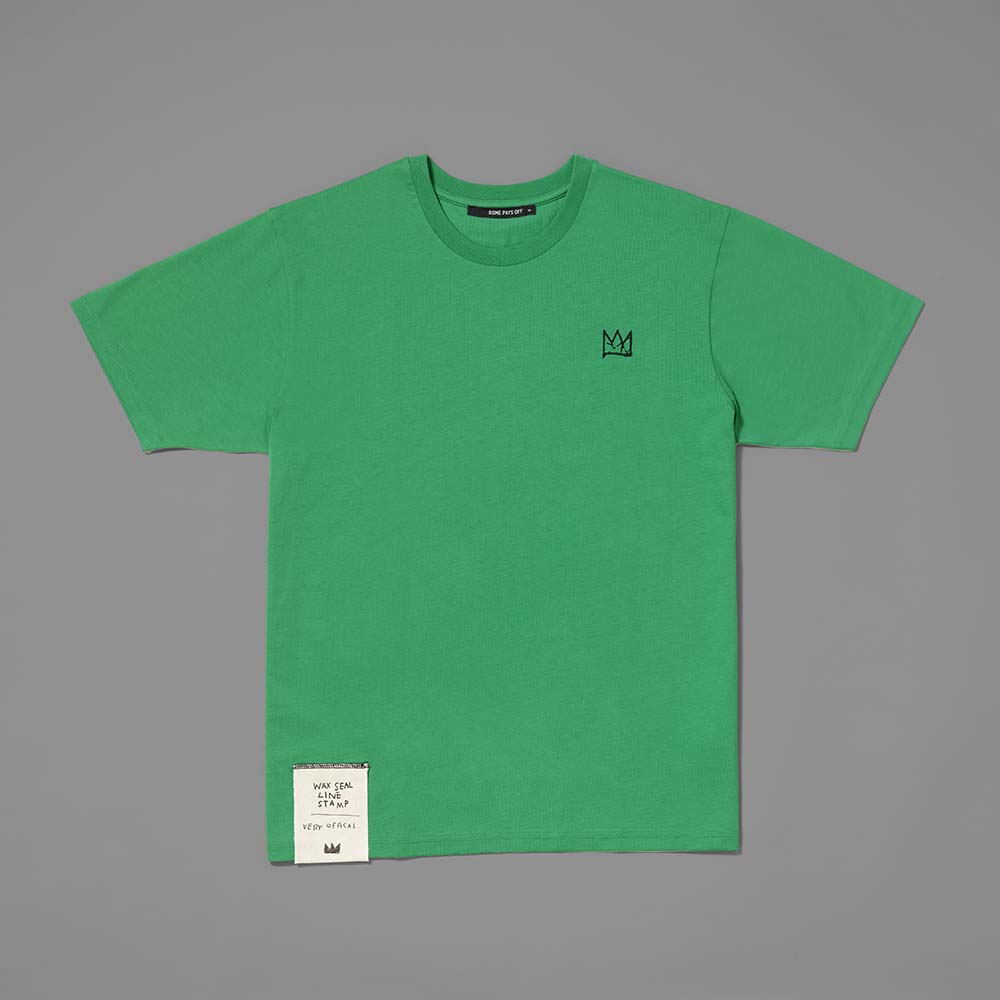 100% cotton green t-shirt featuring Basquiat's crown embroidered in black