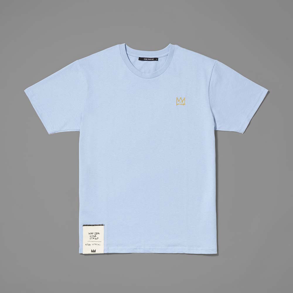 100% cotton light blue t-shirt featuring Basquiat's crown embroidered in yellow