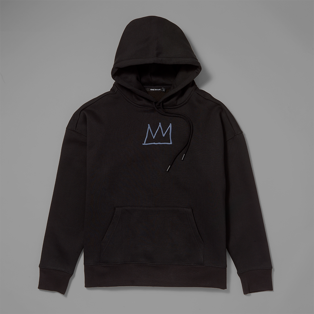 75% cotton, 25% polyester fleece black hoodie featuring Basquiat's signature crown